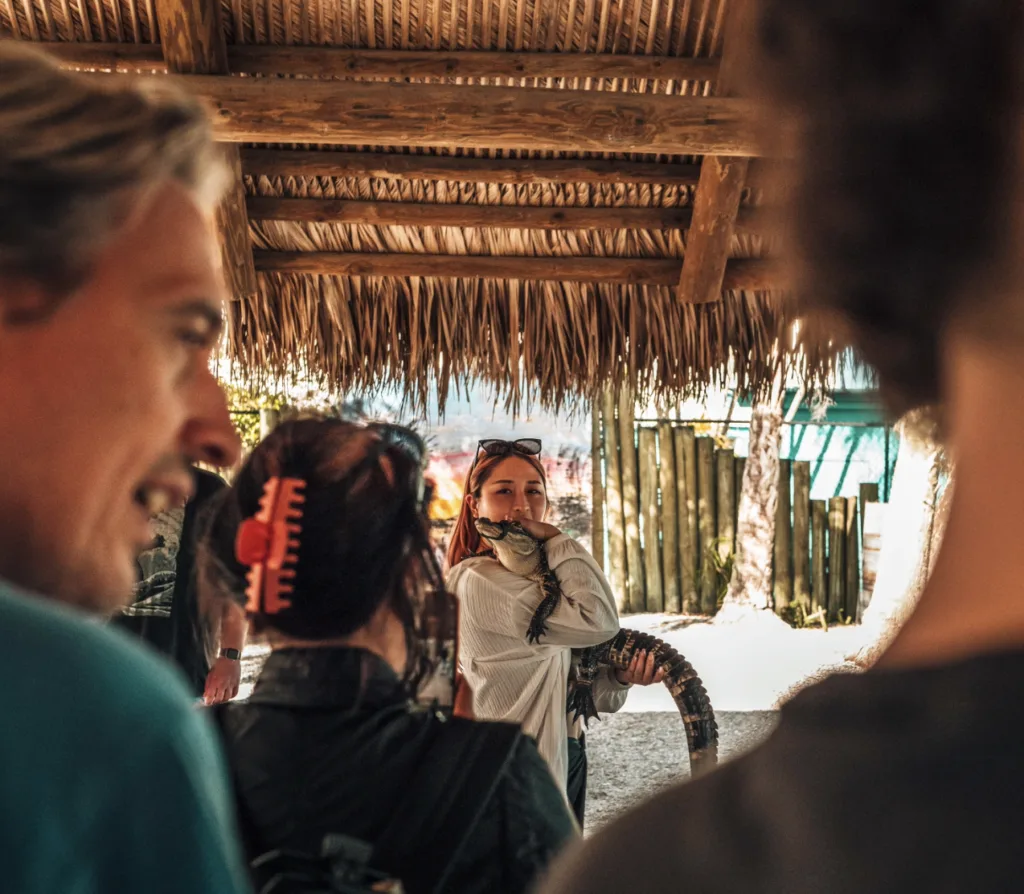 Frau haltet Krokodil. 