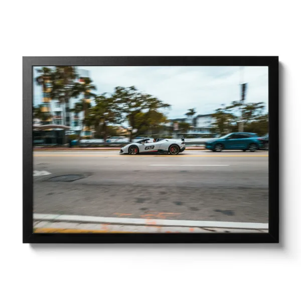 Image of a fast white Lamborghini speeding through Miami. Inscription 69.